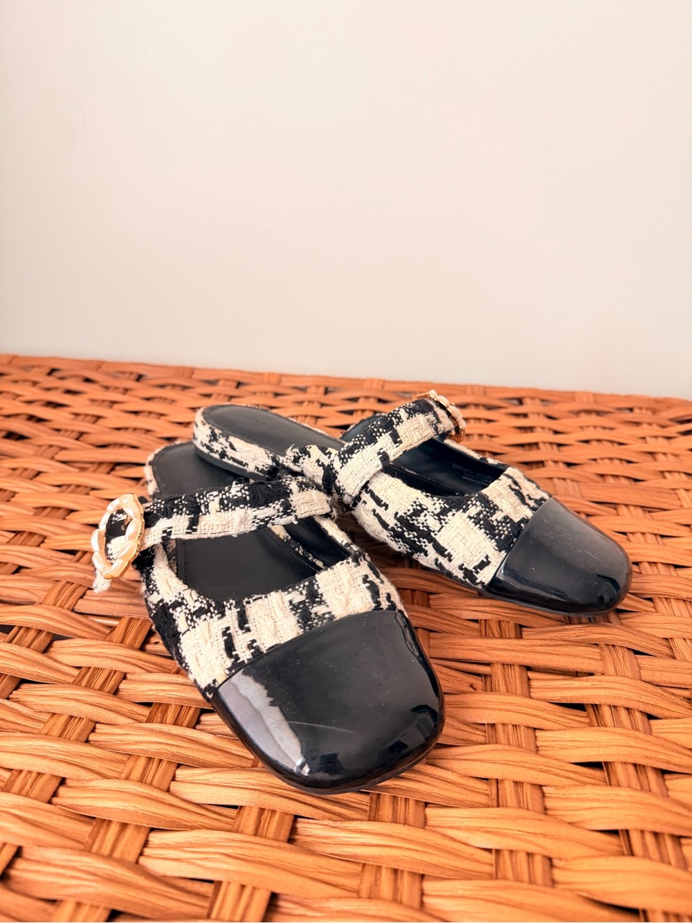 Charles & Keith Black and Cream Tweed Mary Jane Flats with Patent Toe